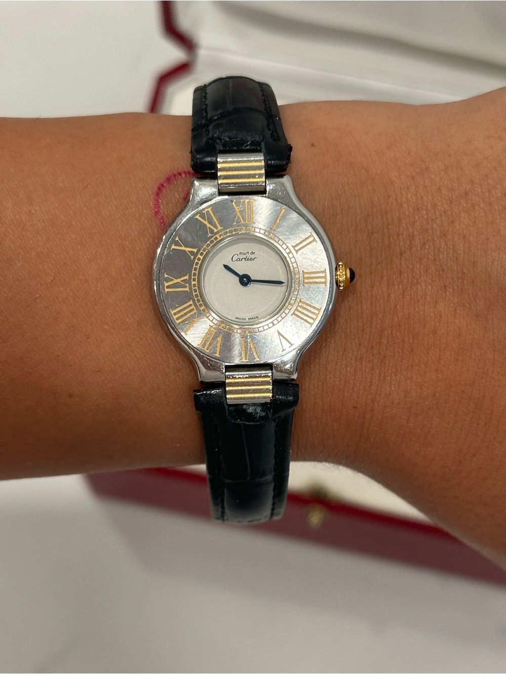 Cartier Must de Cartier 21 Two-Tone Dial Watch with Black Leather Strap